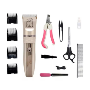 Kit de corte de pelo para mascotas de 5 piezas con cabezal dorado de titanio y cuerpo ergonómico sobre fondo blanco.